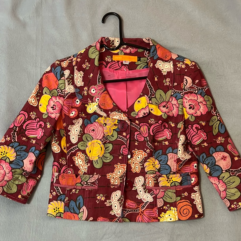 Cynthia Steffe Made in USA Burgundy Floral 3/4 Sleeve 100% Linen Blazer, Size M